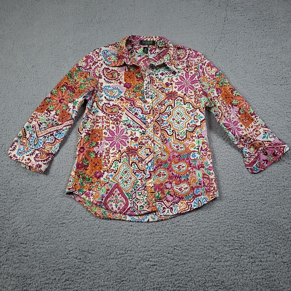 Lauren Ralph Lauren cotton Floral print shirt Classic 3/4 sleeve SZ: PM